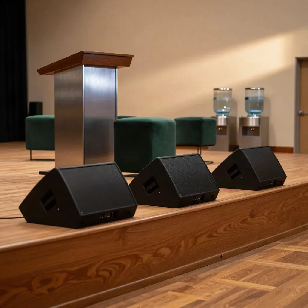 Leere Speaker-Bühne mit Podium, drei Hockern und Wasserstationen im warmen Bühnenlicht.