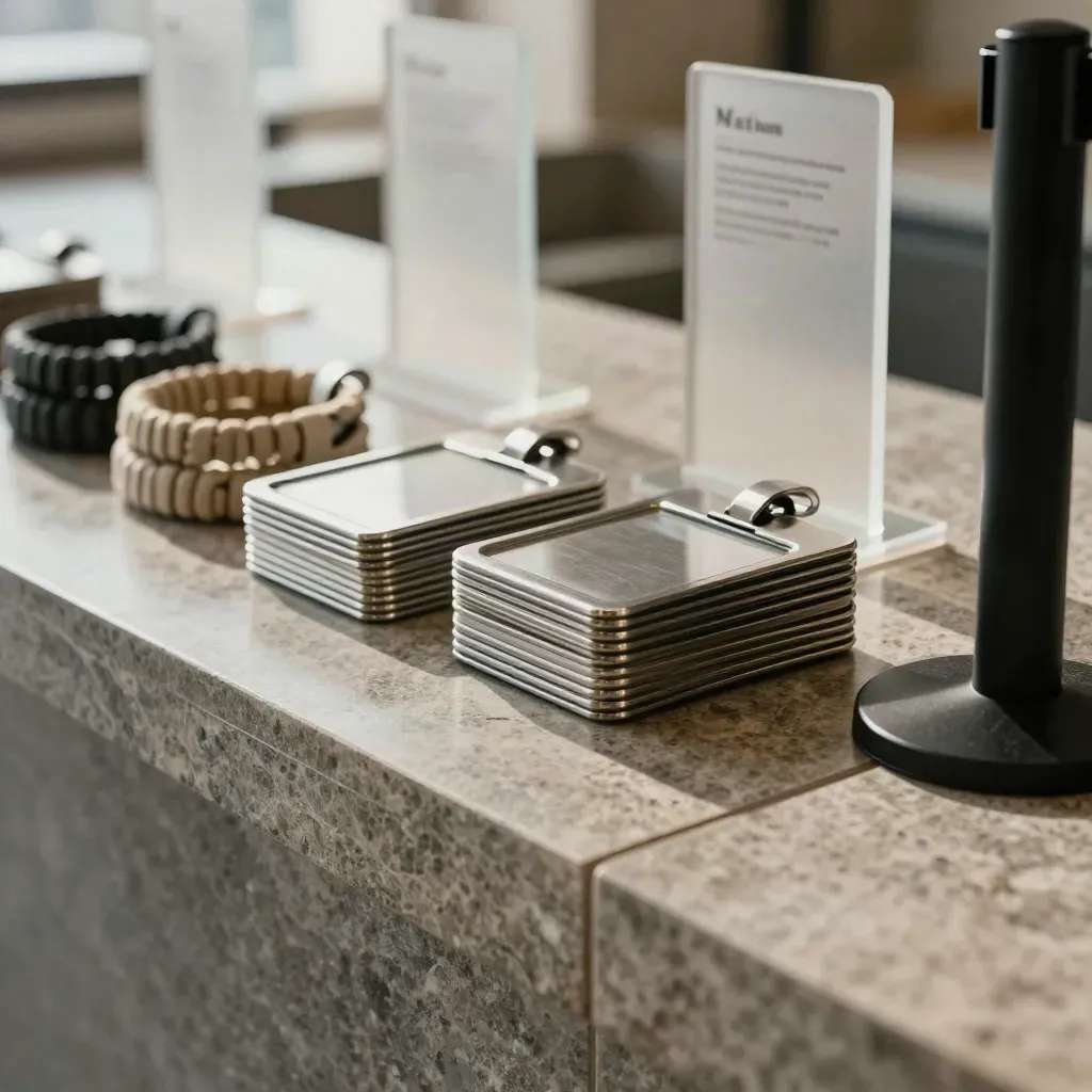 Nahaufnahme eines vorbereiteten Check-in-Foyers mit Badge-Trays und Armbandrollen.