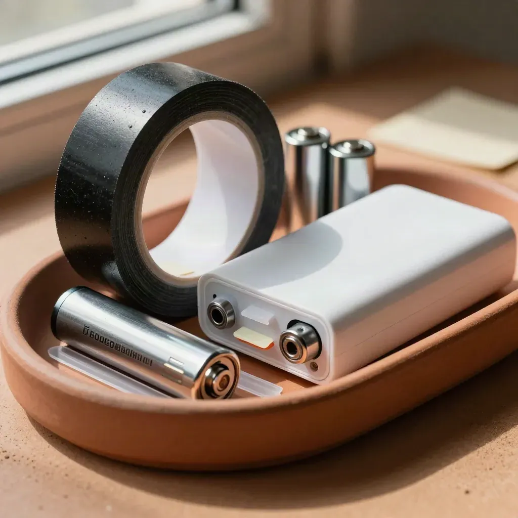 Operations-Set mit Gaffer-Tape, Kabelbindern, Batterien und Powerbank in einer Schale.