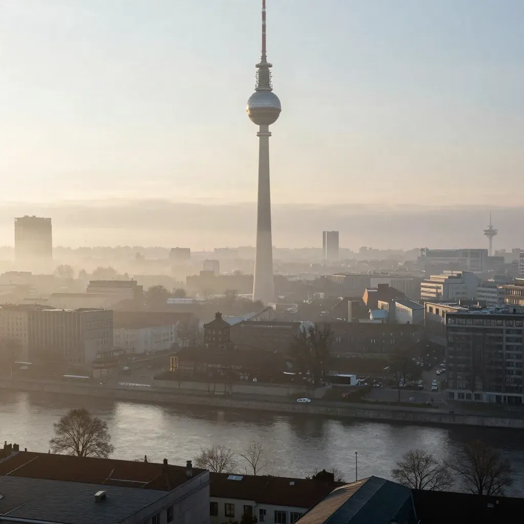Fernsehturm und Spree im Morgendunst über Berlin-Brandenburg